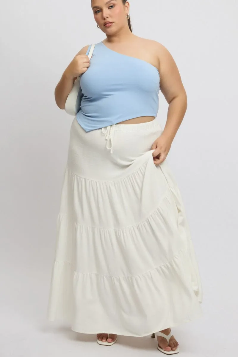 Suede Feel White Elastic Waist Tiered Linen Blend Maxiskirt
