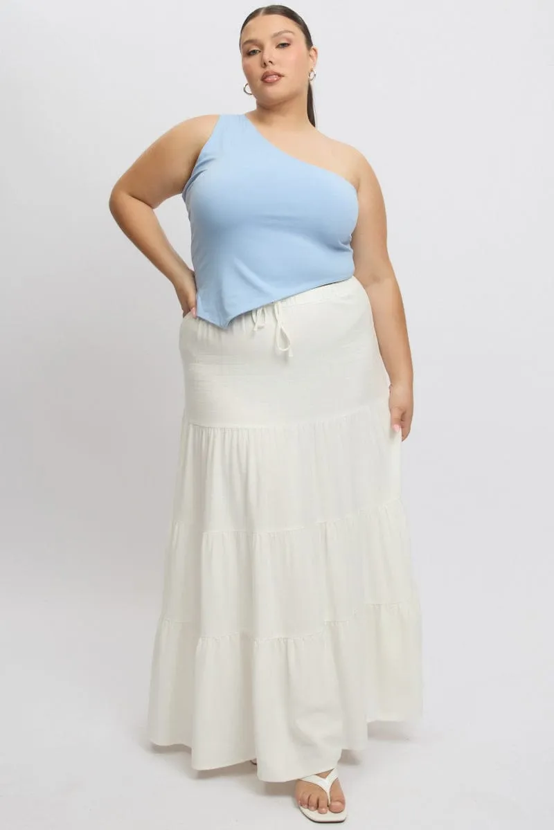 Smart Casual Weekend Outfit White Elastic Waist Tiered Linen Blend Maxiskirt