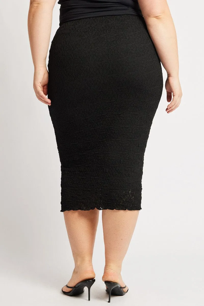 Simple Layer Front Slit Black Bubble Lace Texture Skirt