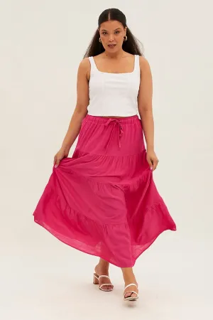 Pink Maxi Skirt High Waist Tiered Crafted Detail