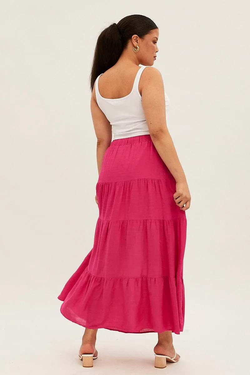 Pink Maxi Skirt High Waist Tiered Breezy Flow Twist Knot Details