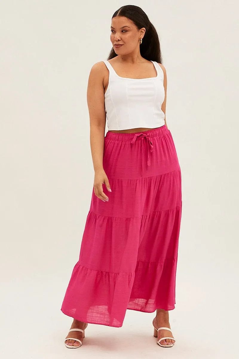 Pink Maxi Skirt High Waist Tiered Layered Structure