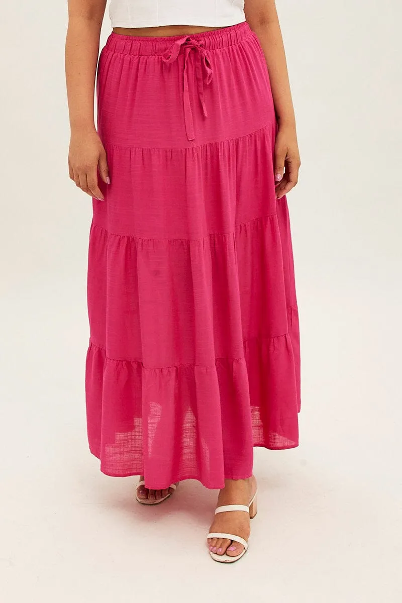 Pink Maxi Skirt High Waist Tiered Laid Back Look