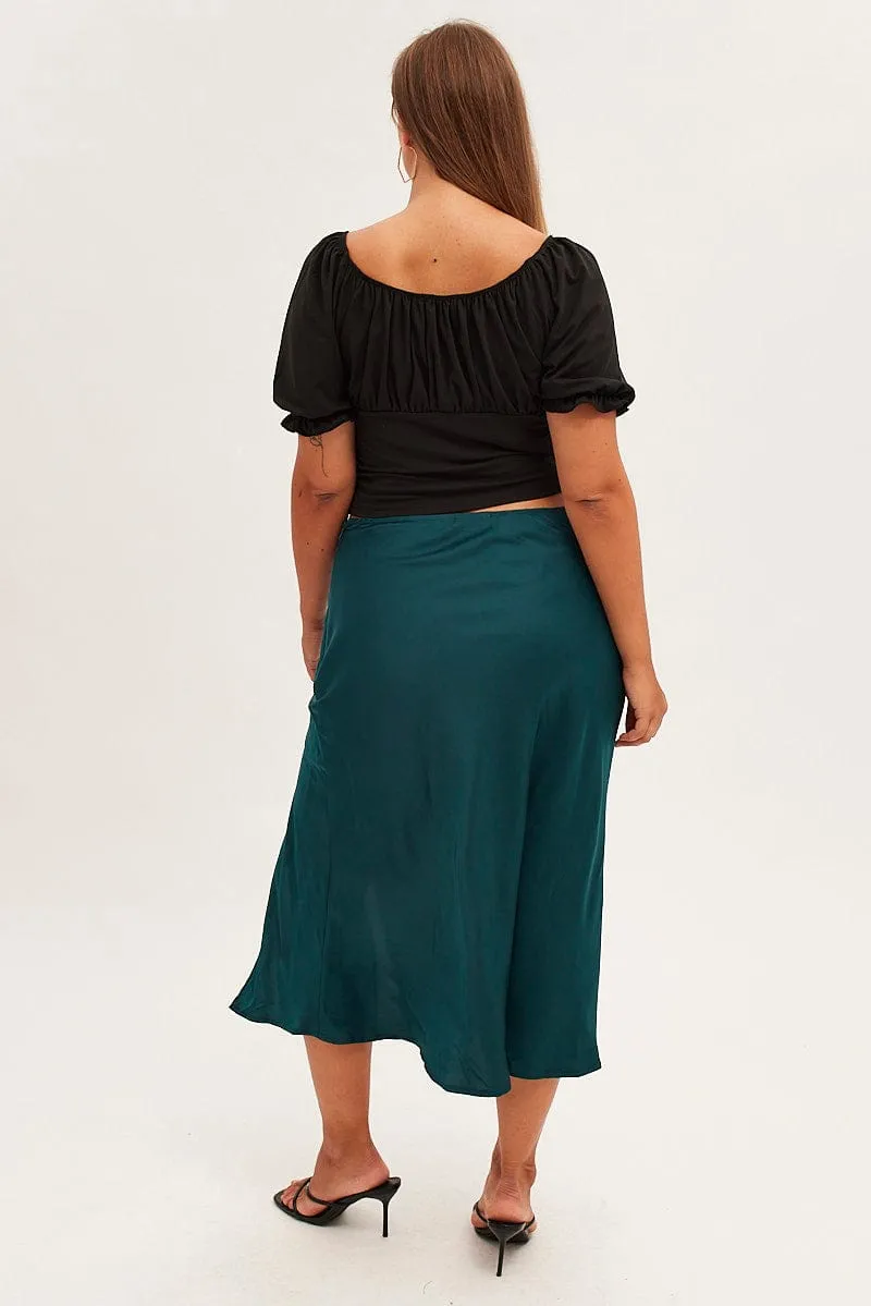 Green Midi Skirt High Waist Split Satin Heritage Inspired Comfort First