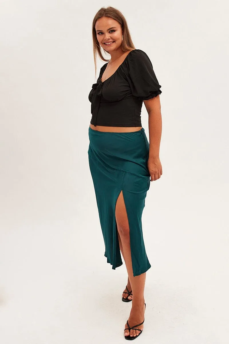 Green Midi Skirt High Waist Split Satin Gentle Flow Seamless construction