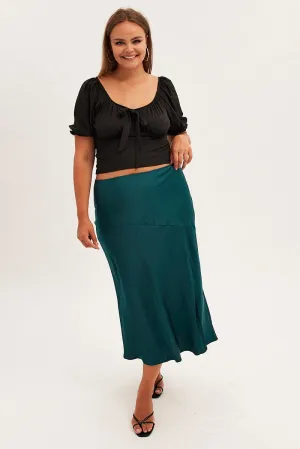 Sustainable Modern Edge Green Midi Skirt High Waist Split Satin