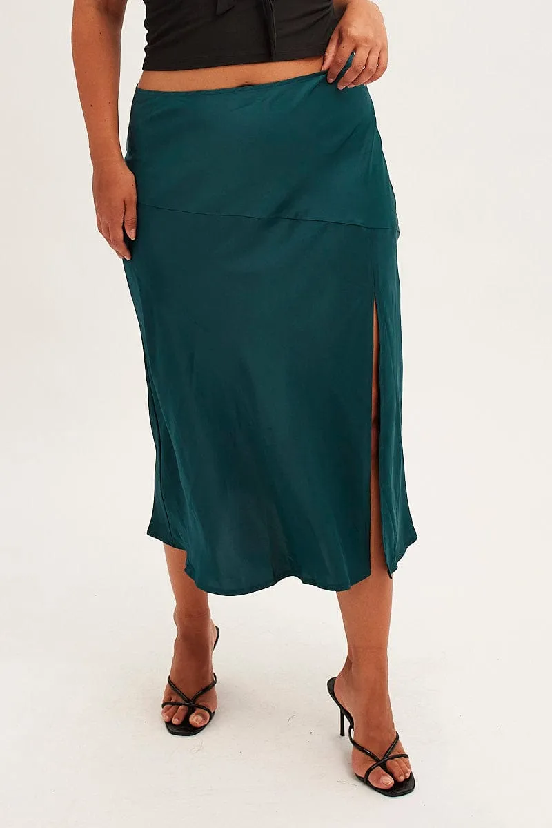 Green Midi Skirt High Waist Split Satin Knee Length
