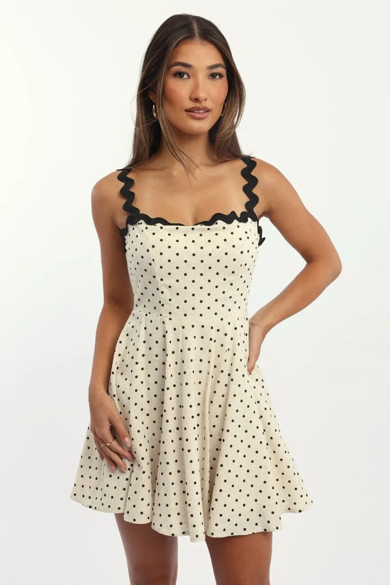 Comfy Fashion Night Pop Beige Polka Dot Fit And Flare Dress Mini