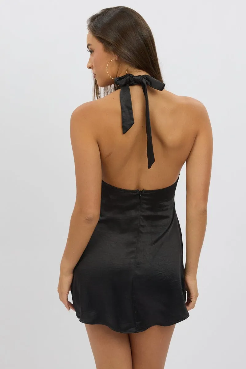 Flirty Vibe Fresh Edge Black Halter Neck Dress Mini Satin