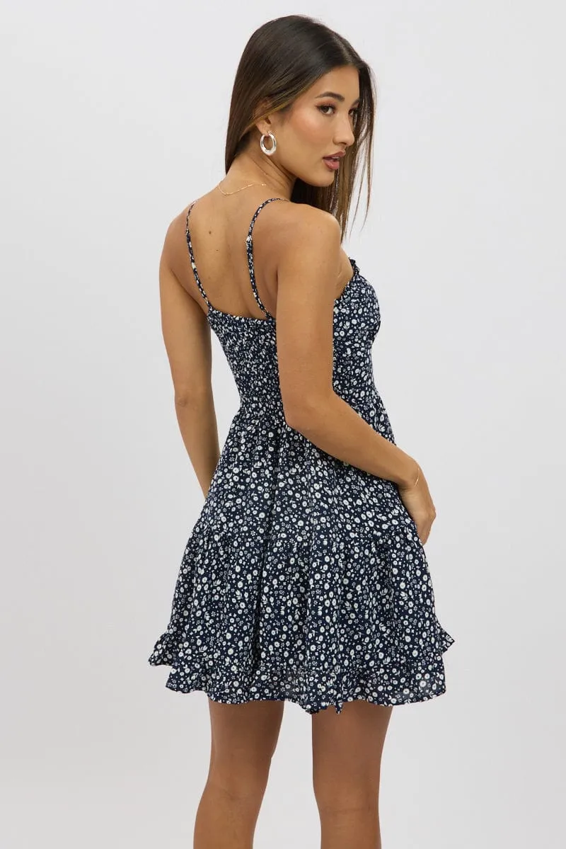 Blue Ditsy Fit And Flare Dress Mini Hidden Pocket Design Lightweight Weave