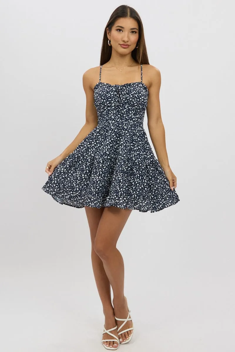 Scene Warm Blue Ditsy Fit And Flare Dress Mini