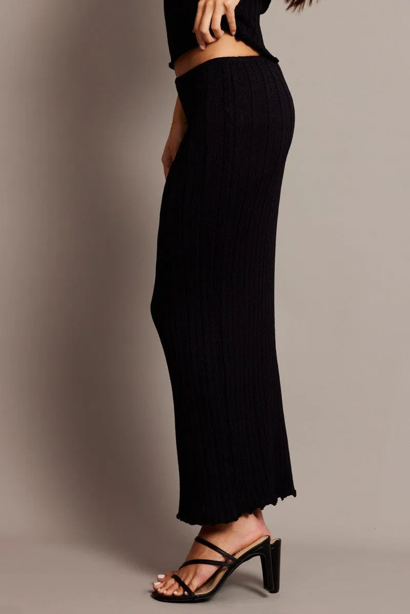 Black Knit Skirt Midi High Rise Relaxed Fit Elastic hemline Light Comfort