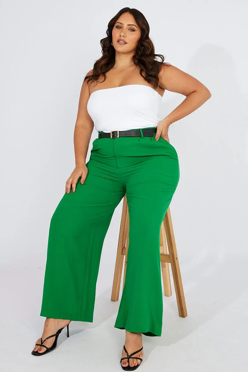 Relaxed Wear Green Wide Leg Pants High Waist Button Front