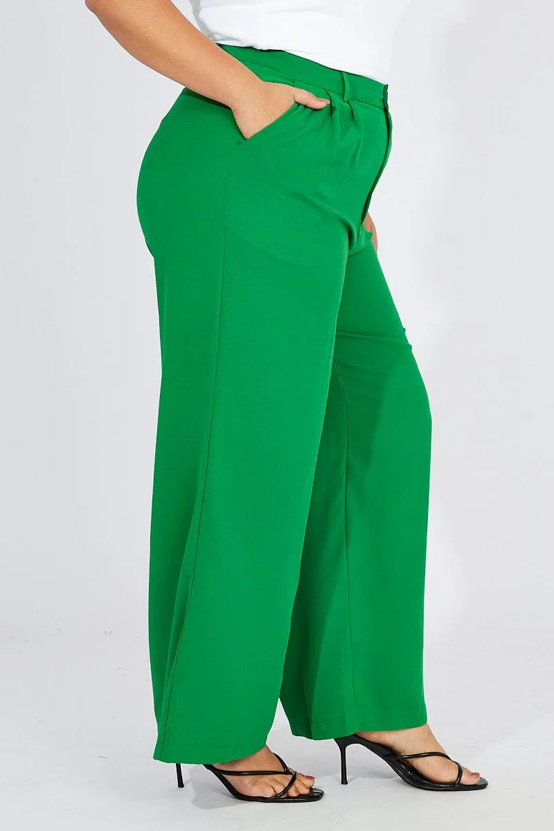 Green Wide Leg Pants High Waist Button Front Core Flex FlexibleKnees