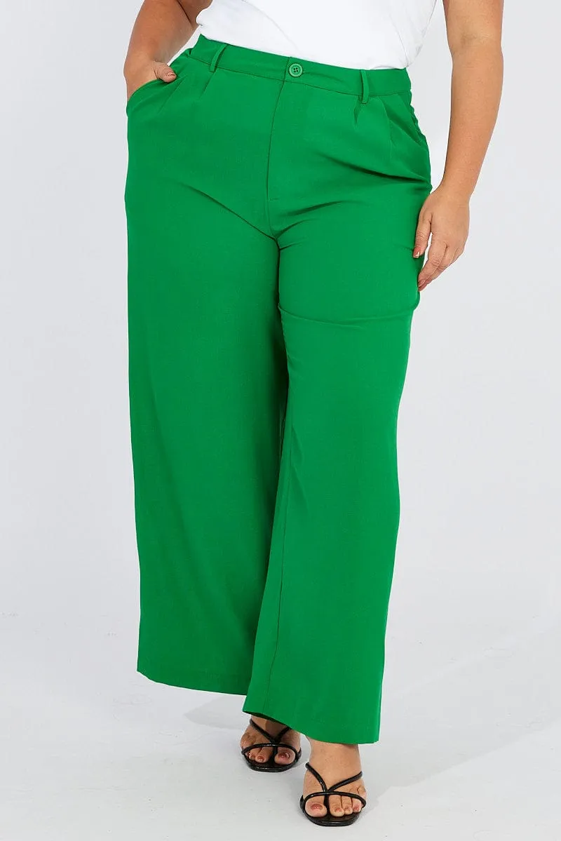 Flexible Seam Green Wide Leg Pants High Waist Button Front