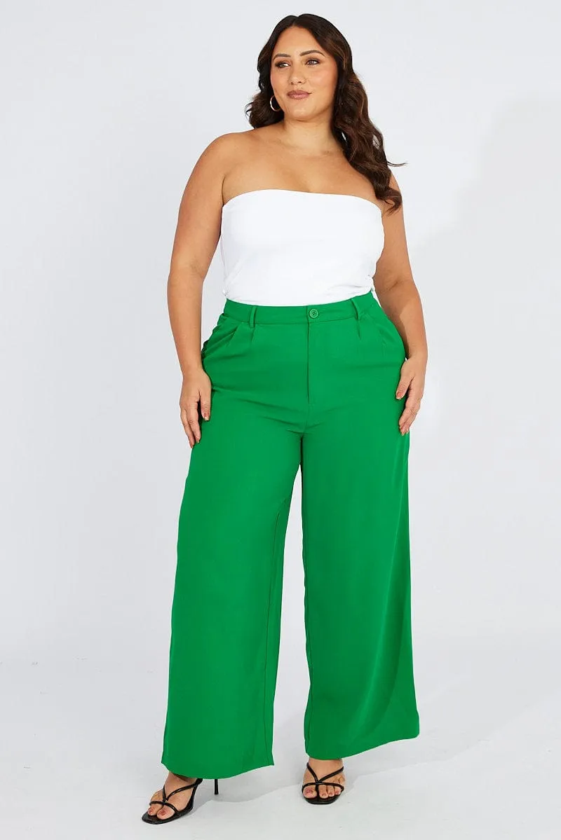 Stretch Comfort DoubleLayeredFabric Green Wide Leg Pants High Waist Button Front