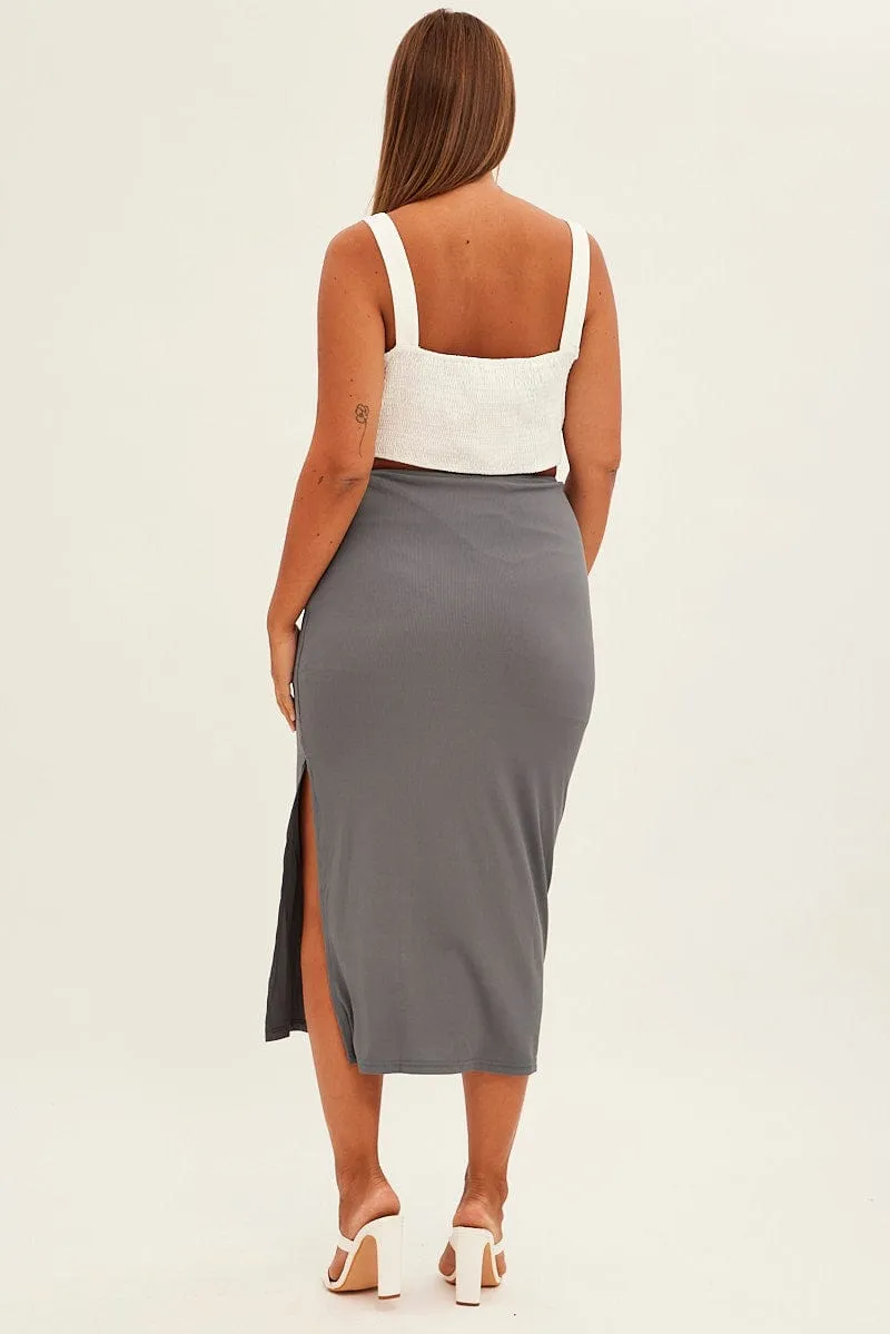 ruffle trim Signature Line Grey Midi Skirt High Rise Pencil Ribbed
