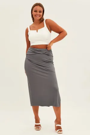 Summer Outfit Emerging Designer Grey Midi Skirt High Rise Pencil Ribbed