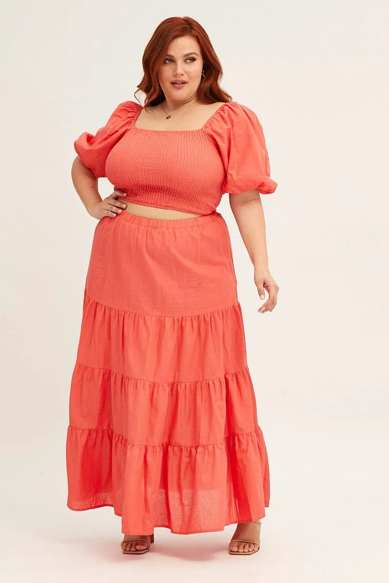 Orange Maxi Skirt High Waist Tiered Resort Vacation Detachable Detail