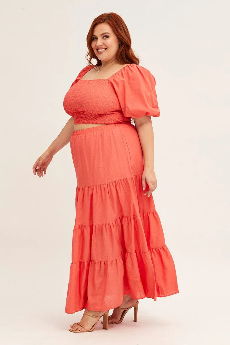 Orange Maxi Skirt High Waist Tiered Jewel Tones