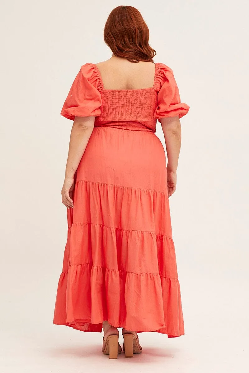 Relaxed Vibe Tropical theme Orange Maxi Skirt High Waist Tiered