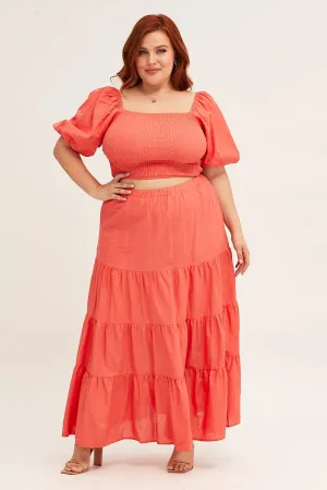 Modern Tones Fashion Energy Orange Maxi Skirt High Waist Tiered