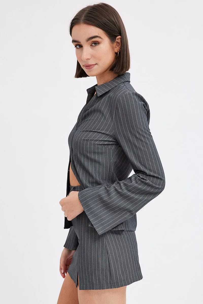 Simple Layers Grey Stripe Mini Skirt High Rise Pencil Side Slit