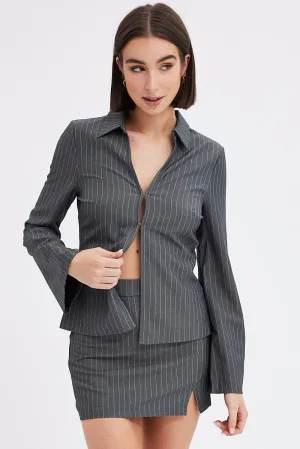 Grey Stripe Mini Skirt High Rise Pencil Side Slit Fashion Mood City Look