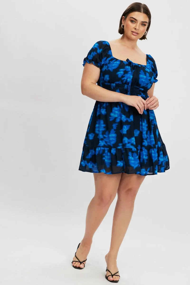 Blue Abstract Bow Front Shirred Waist Mini Dress Timeless Fashion Wear