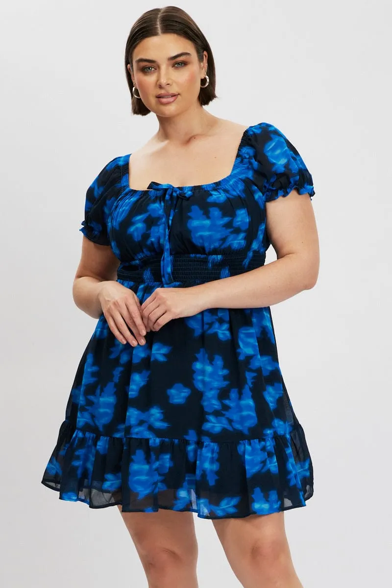 Blue Abstract Bow Front Shirred Waist Mini Dress Elegant short formal gown Fresh Prints