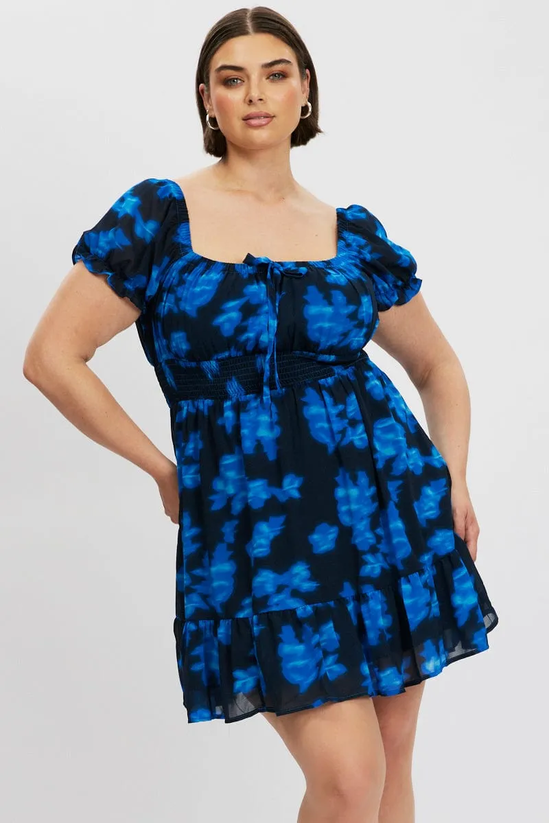 Double Layered Hem Shine Pop Blue Abstract Bow Front Shirred Waist Mini Dress