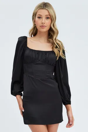 City Star Fashion Forward Black Mini Dress Corset Detail Long Sleeve