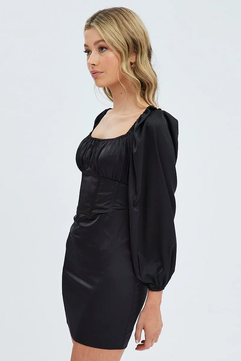 Black Mini Dress Corset Detail Long Sleeve Flattering Design Look