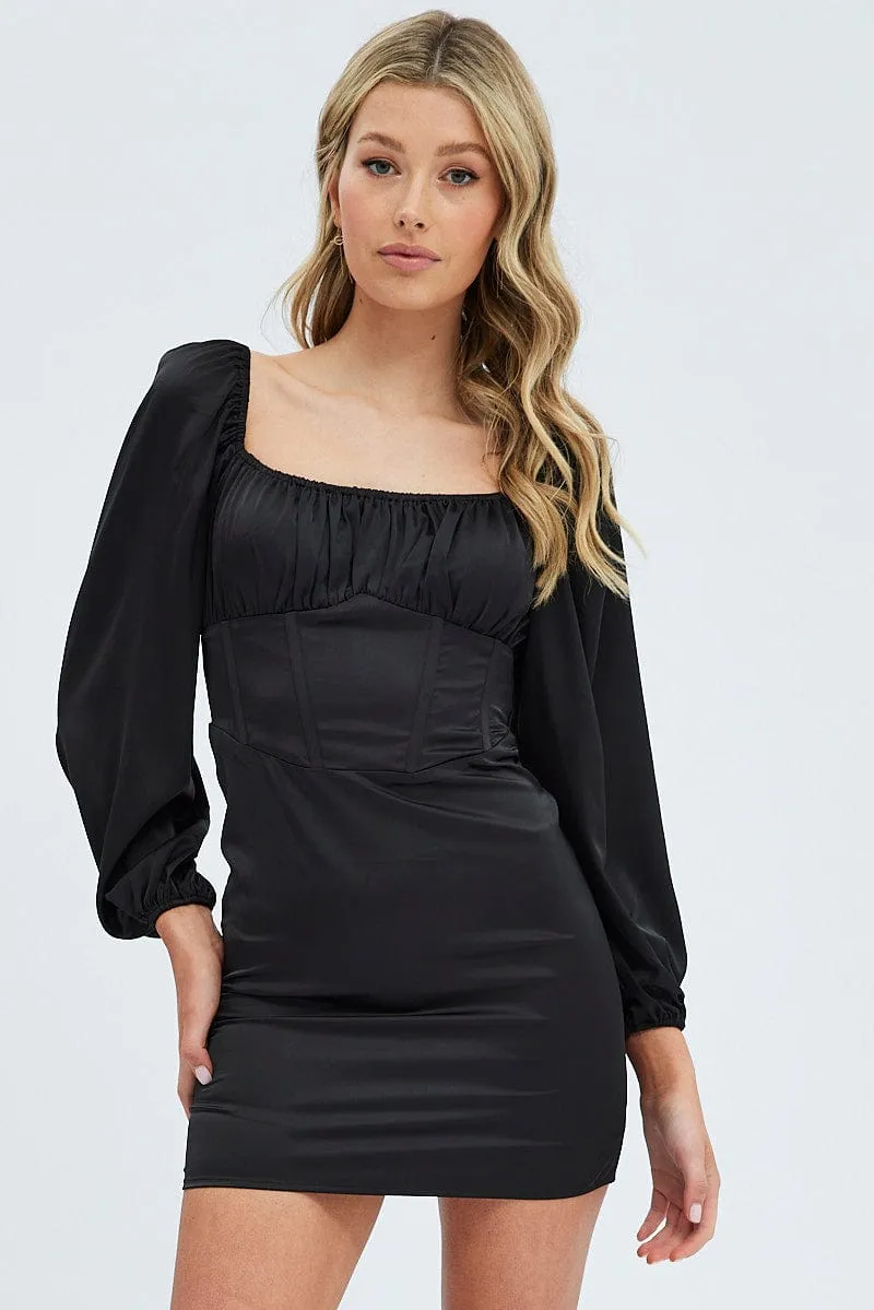 Stylish short-sleeve mini Black Mini Dress Corset Detail Long Sleeve