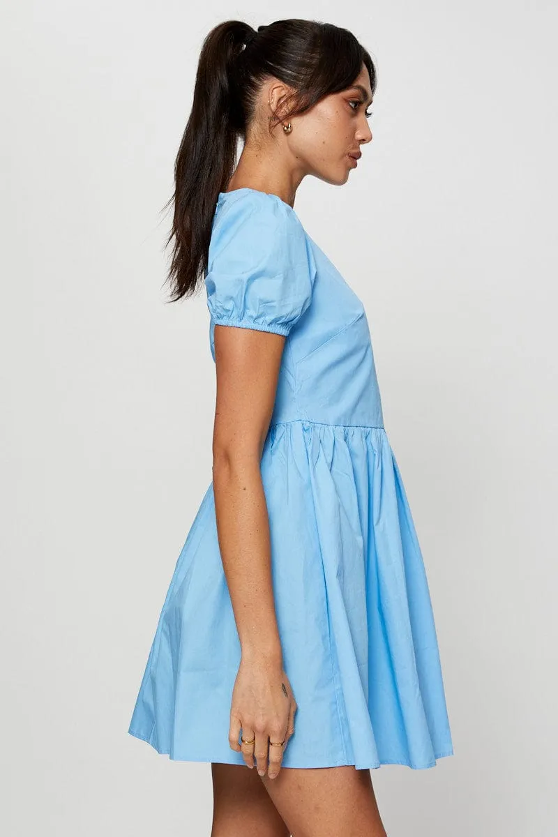 Blue Mini Dress Short Sleeve Round Neck Pose Queen Comfort Fit