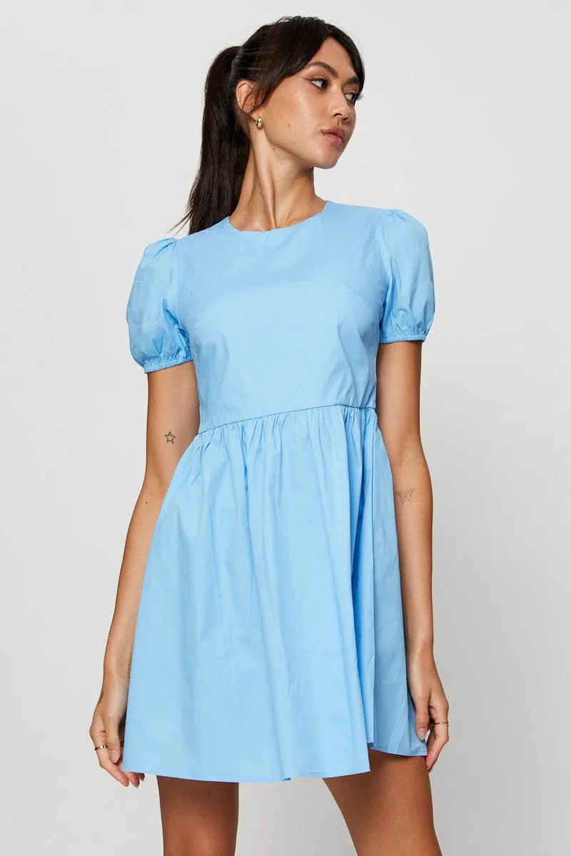 Blue Mini Dress Short Sleeve Round Neck Style Pop