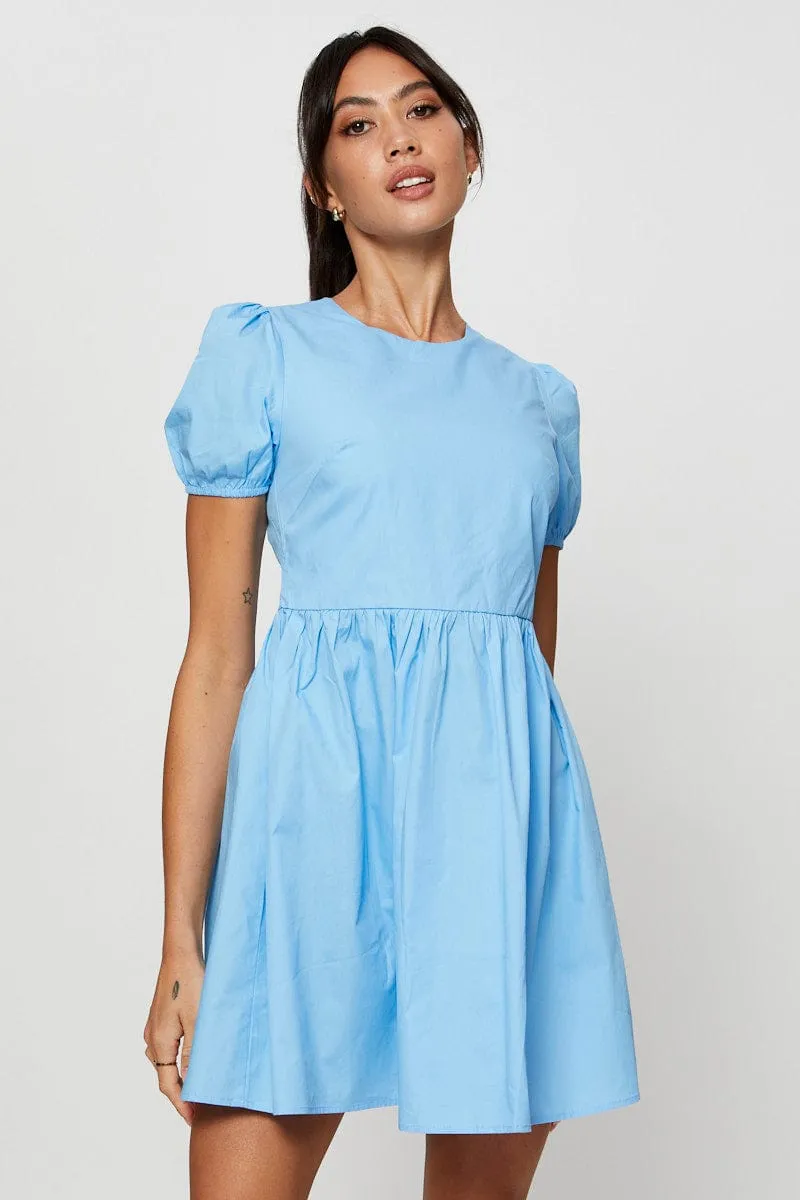 Flash Beat Weekend Ready Blue Mini Dress Short Sleeve Round Neck