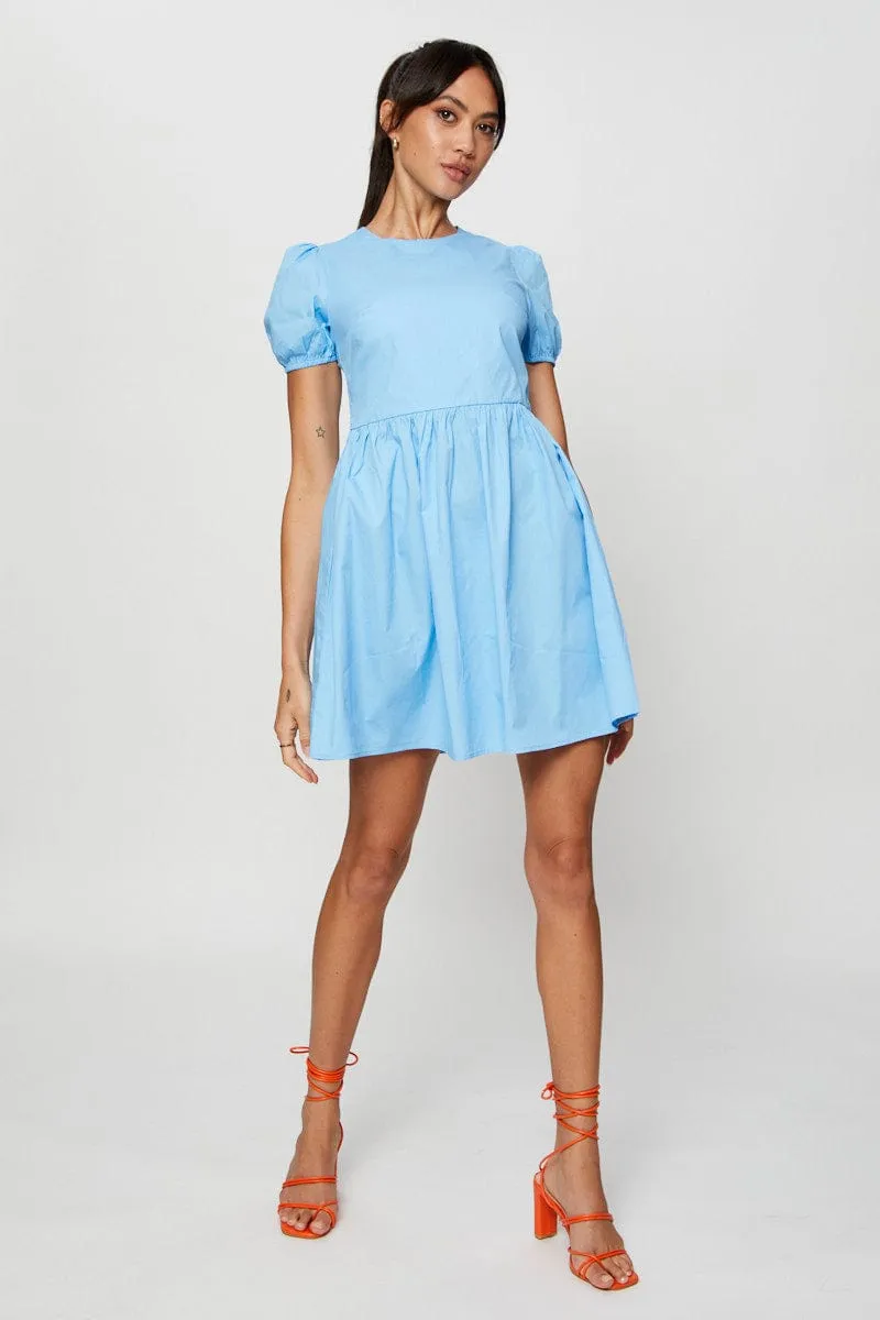 Fresh Chic Blue Mini Dress Short Sleeve Round Neck