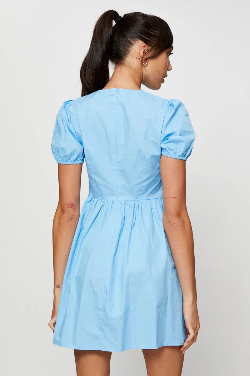 Blue Mini Dress Short Sleeve Round Neck Urban Fashion Classic outdoor mini