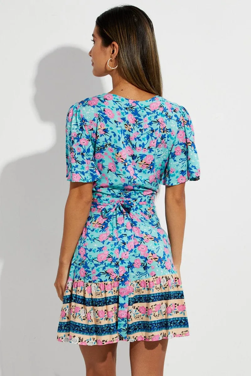 Green Boho Boho Wrap Mini Dress Head Turn Floral Print