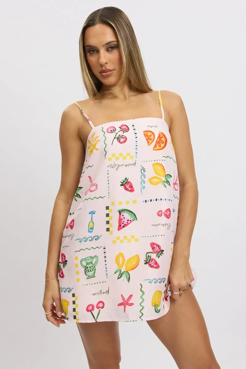 Pink Abstract Mini Dress Strappy Square Neck Urban Mood Timeless Fashion Wear