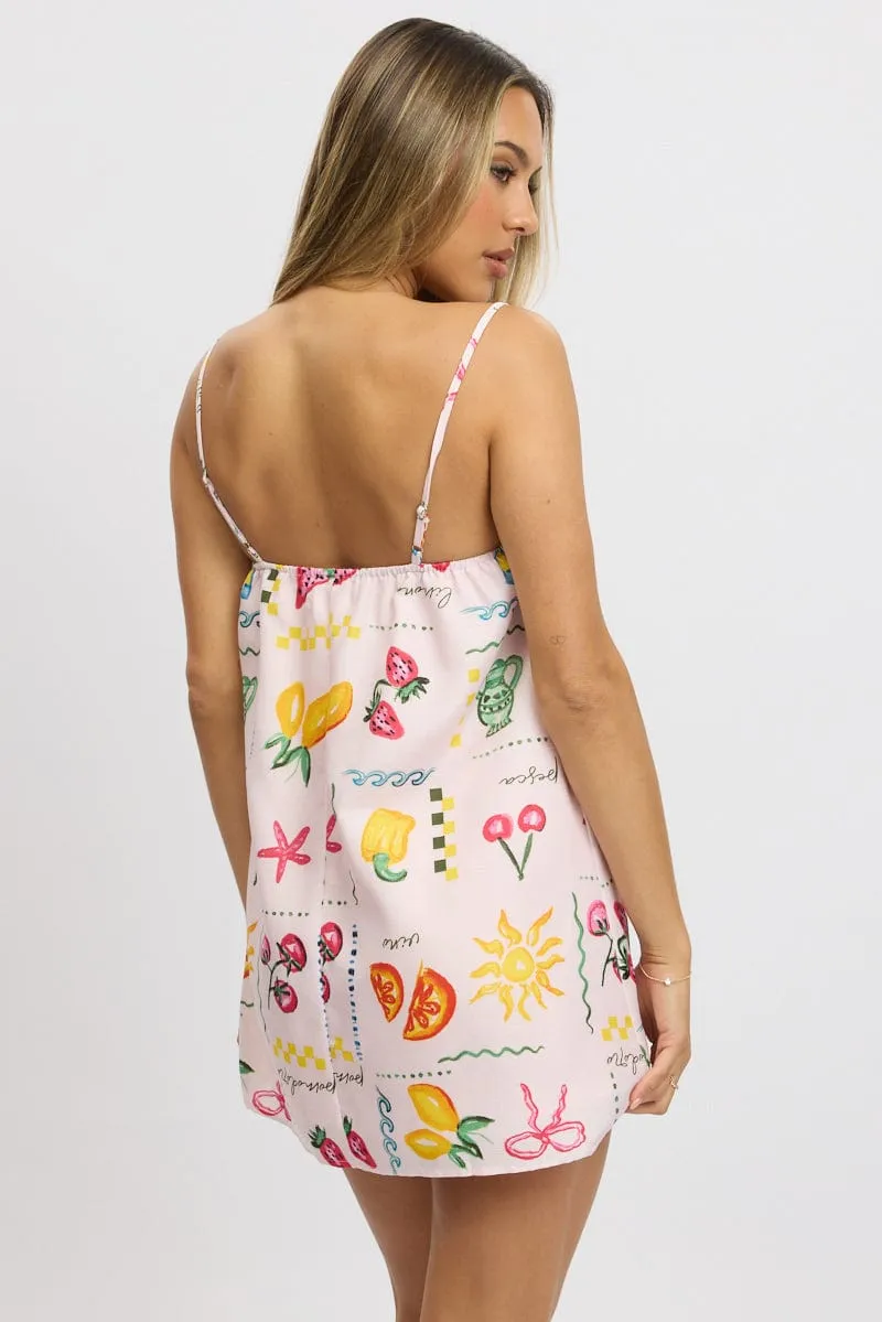 Pink Abstract Mini Dress Strappy Square Neck Fresh Edge Lightweight Weave