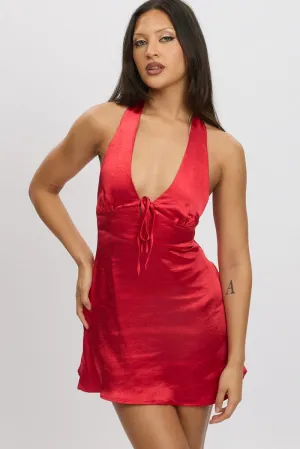 Red Halter Neck Dress Mini Satin Smart Casual Wear Elegant Wear