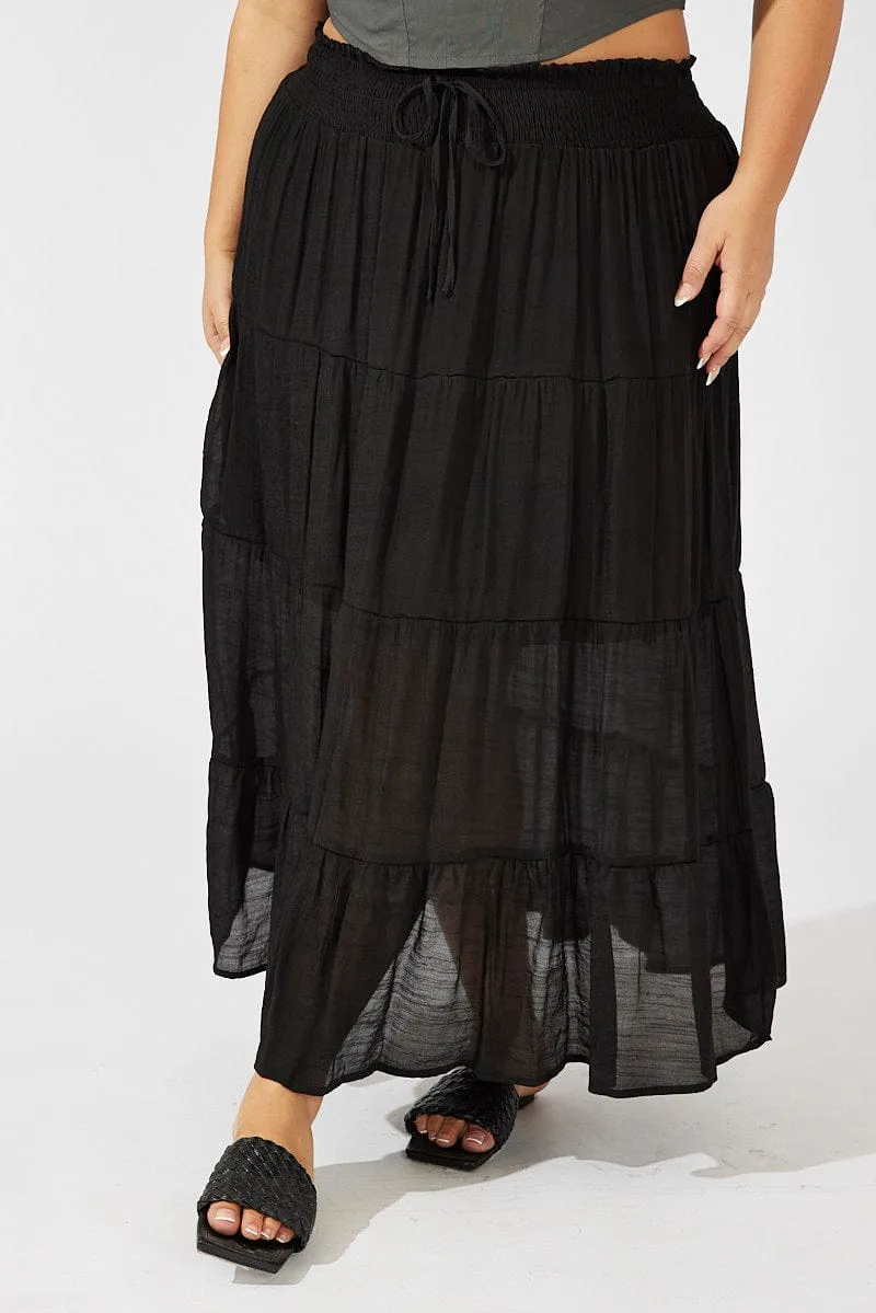 Black Shirred Waist Tie Maxi Skirt Mood Dressing Autumn Stroll
