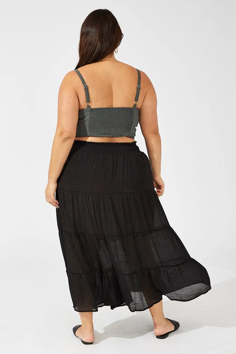 Black Shirred Waist Tie Maxi Skirt Texture Play