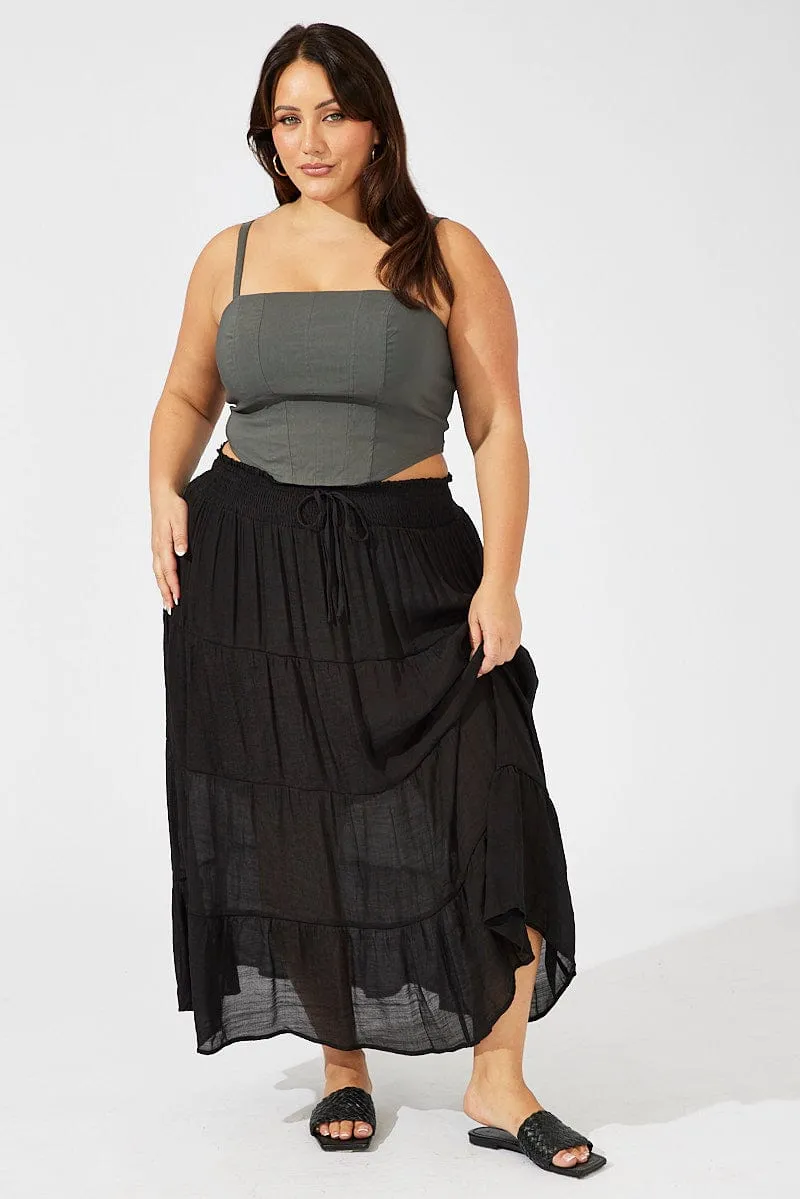 Sharp Look Black Shirred Waist Tie Maxi Skirt