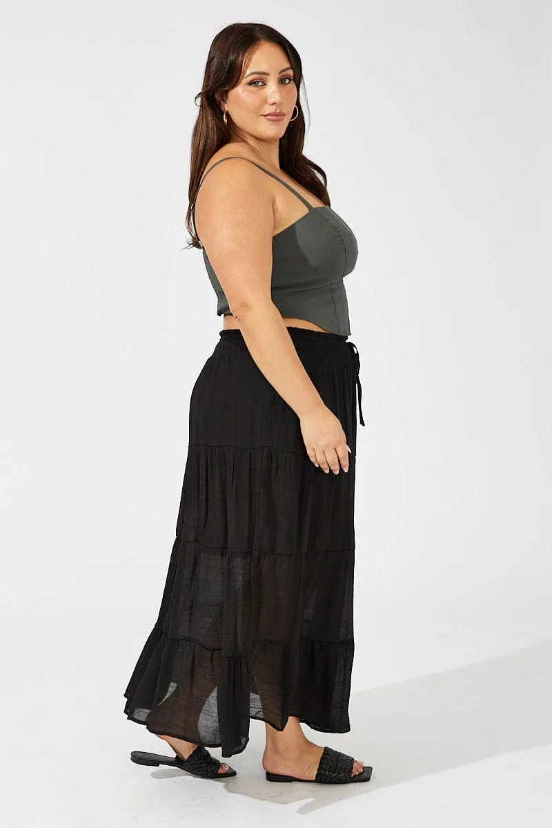 Black Shirred Waist Tie Maxi Skirt Organic Cotton
