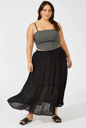 Black Shirred Waist Tie Maxi Skirt Athleisure Inspired Airy Feel