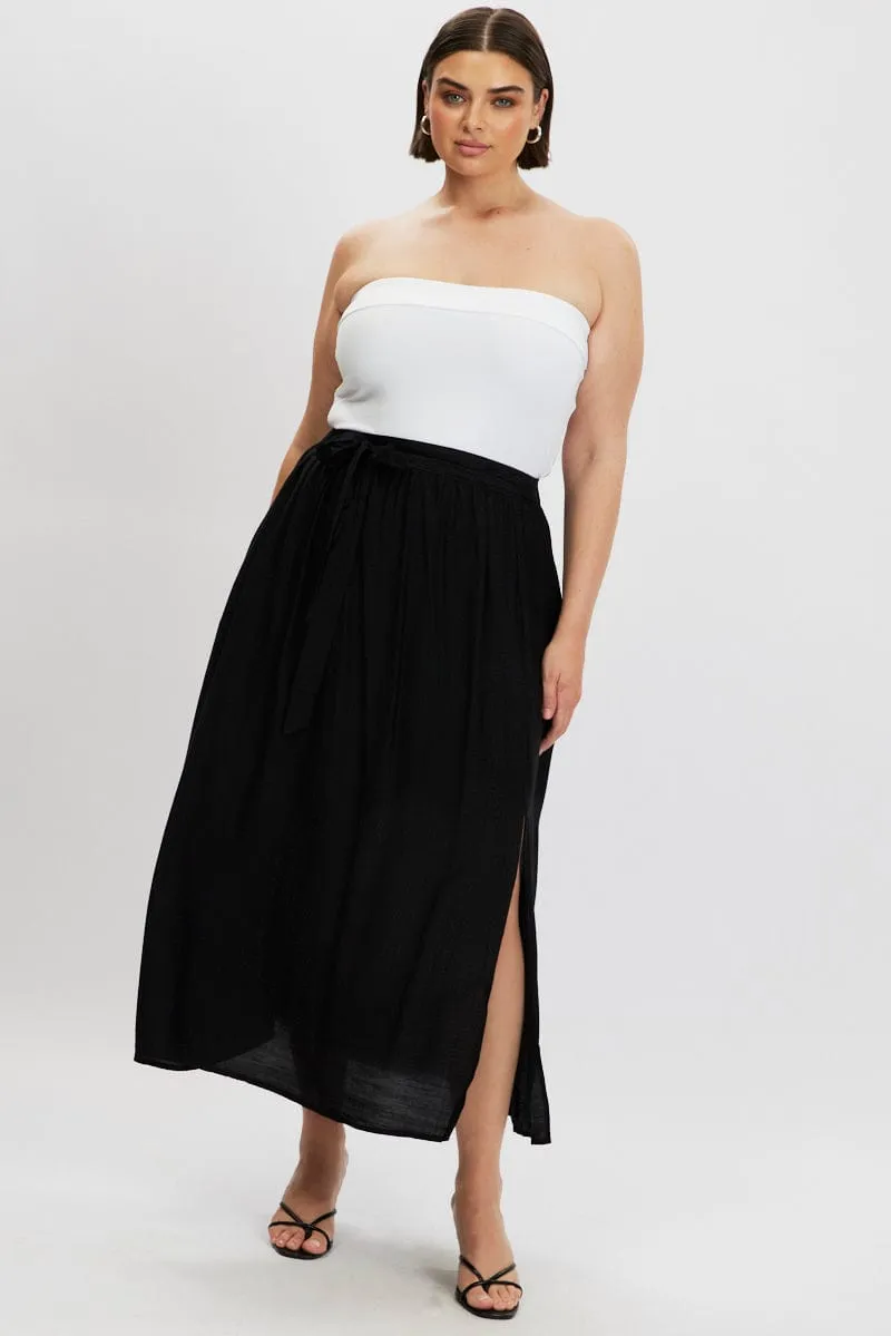 Feminine Charm Active Wear Black Tie Waist Split Side Maxi Skirt