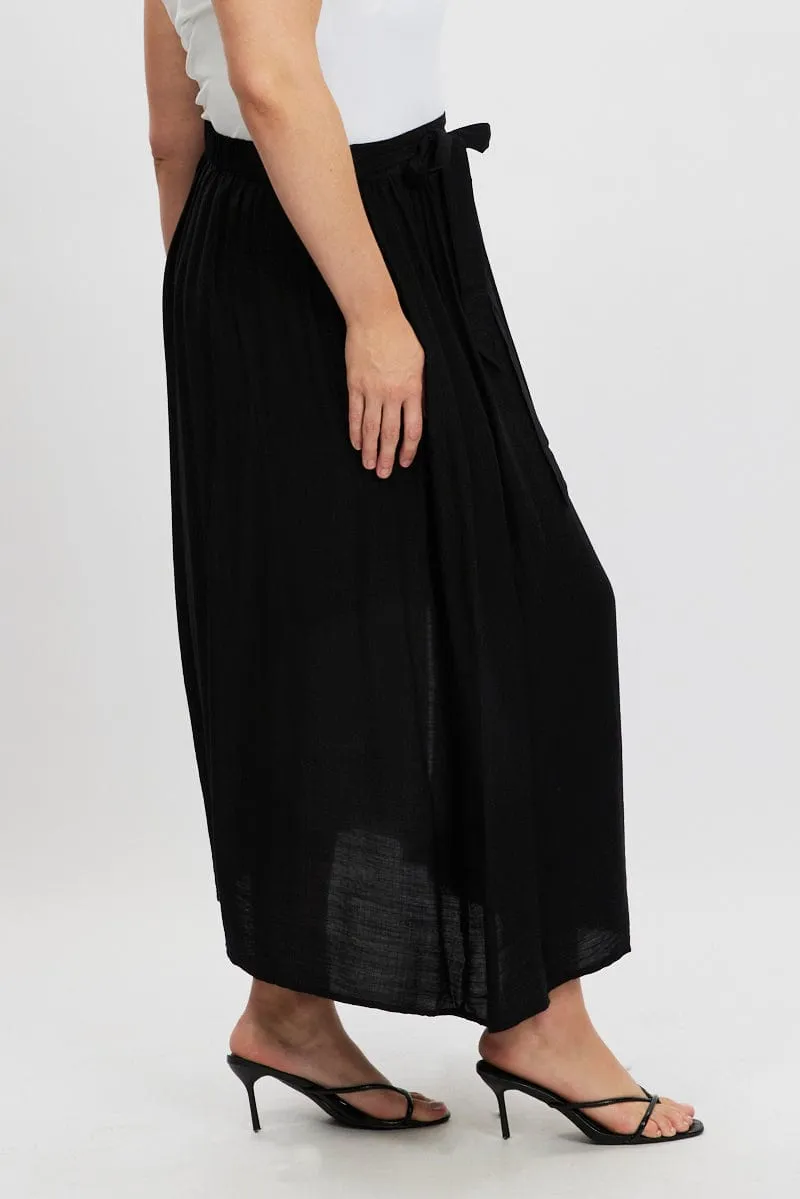 Black Tie Waist Split Side Maxi Skirt Linen blend